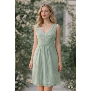 J Crew 100% Silk Sage Green Dress Crinkle Chiffon Overlay Fully Lined Sz 8P
